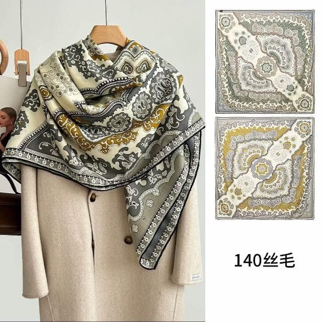 好夢想精品館  雙面異色真絲羊毛140絲巾重工高級感絲毛大披肩秋冬百搭保暖圍巾