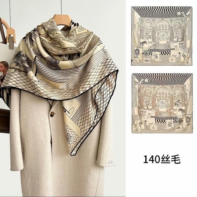 好夢想精品館  雙面異色真絲羊毛140絲巾重工高級感絲毛大披肩秋冬百搭保暖圍巾