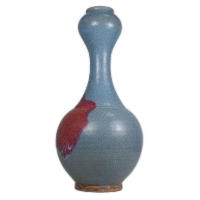 《博古珍藏》元 鈞窯天青釉紫斑蒜頭瓶 早期收藏 老件花瓶瓷器