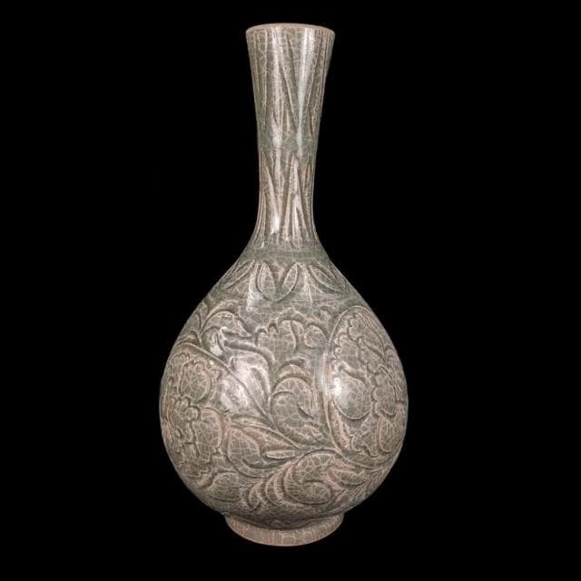 《博古珍藏》宋 耀州窯刻花卉紋長頸瓶 早期收藏 花瓶瓷器