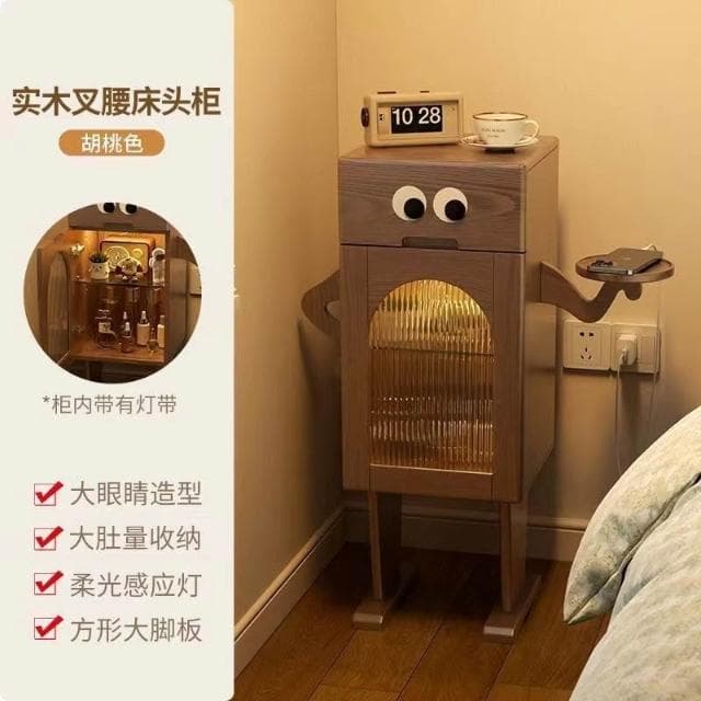 免運 創意木質家具 喬遷禮物 冬木機器人床頭櫃帶燈全實木邊幾側邊櫃客廳電視置物櫃創意床頭櫃 大眼睛叉腰床頭櫃 木邊幾