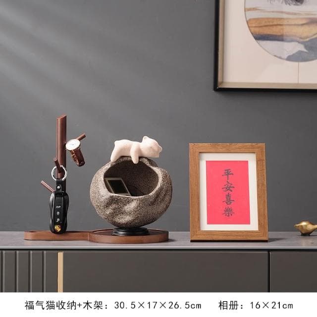 招財貓放鑰匙收納置物架擺件入戶門口玄關客廳喬遷新居禮品裝飾品