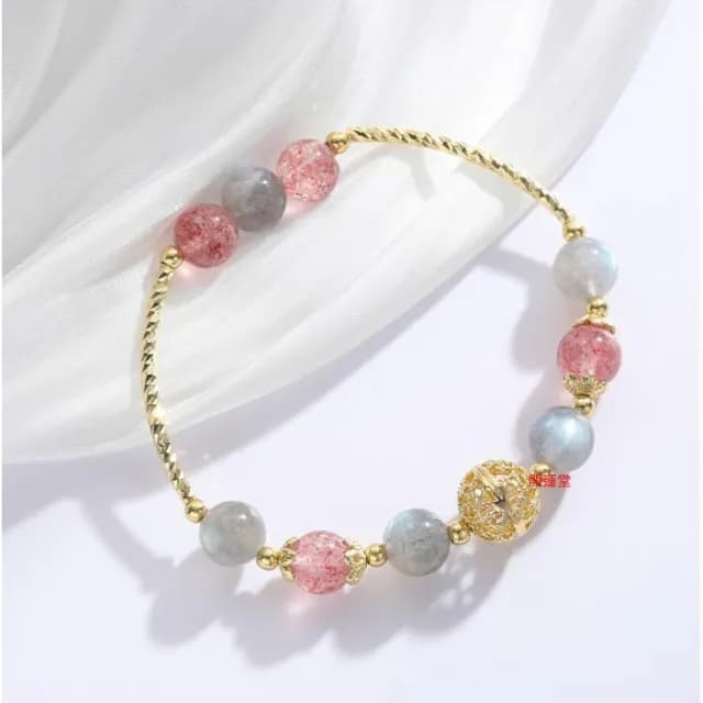 【開運堂】現貨 天然8mm草莓晶灰月光石手鍊女招桃花鏤空球閨蜜情人節禮物 開運堂