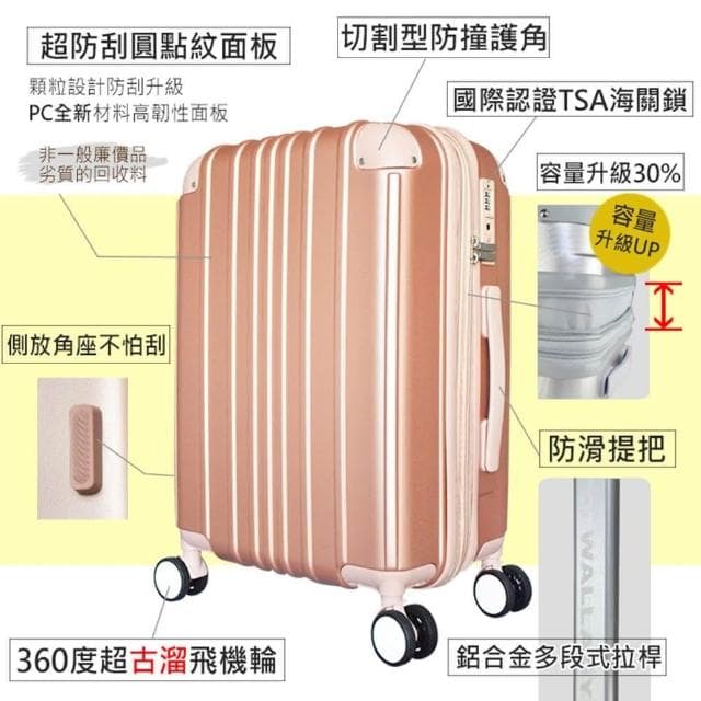 【WALLABY】輪子超滑順!經典直條紋 海關鎖 可加大 行李箱 登機箱(18吋廉航/20吋/24吋/28吋)