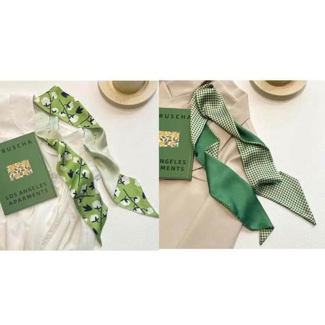 梵花 綠色繫新款顯白多功能春夏長條小絲巾女髮帶裝飾領巾小圍巾綁包包