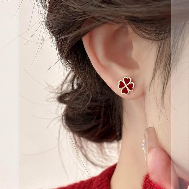 🎗飾間首飾鋪 S999純銀新年紅四葉草耳環首飾小眾設計飾品高級感耳釘耳飾