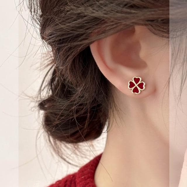 🎗飾間首飾鋪 S999純銀新年紅四葉草耳環首飾小眾設計飾品高級感耳釘耳飾