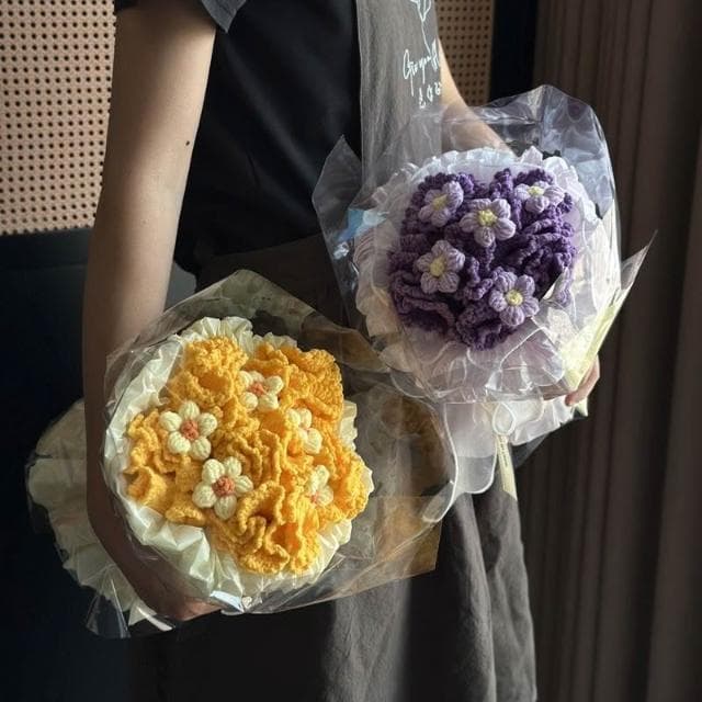 手工毛線針織向日葵玫瑰編織花束成品 針織永生花 教師節實用高檔男女生日禮物