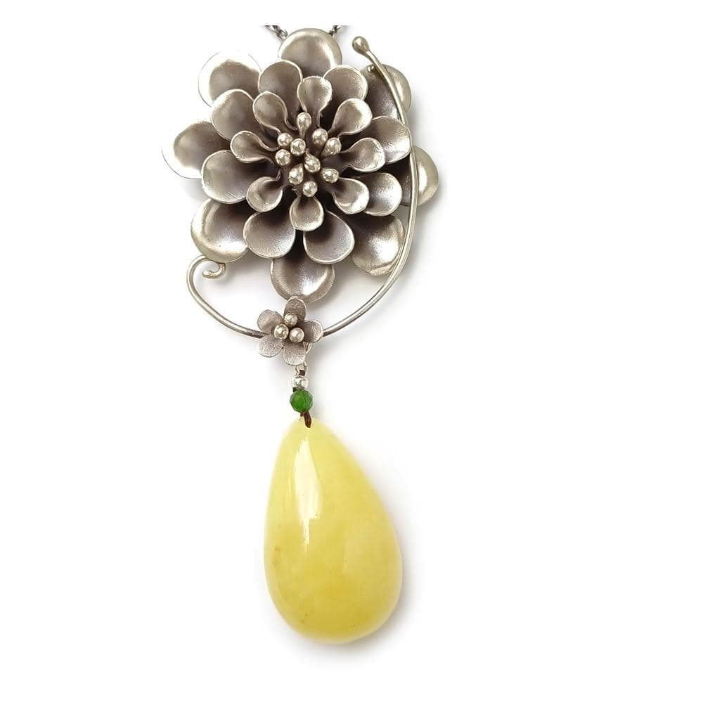 【KATE】銀飾 手工設計華麗芍藥花天然蜜蠟雙墜式純銀項鍊 波羅的海琥珀蜜蠟 植物珀 芍藥花 色澤潤美 生日禮物 情人禮物