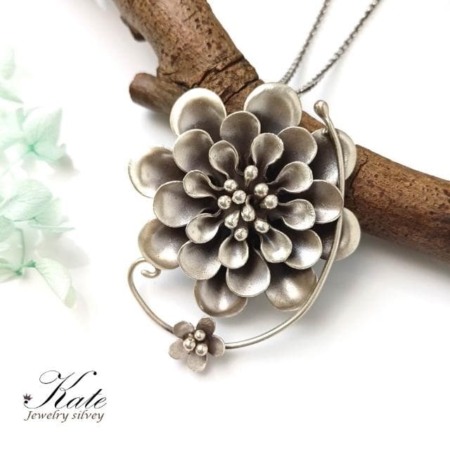 【KATE】銀飾 手工設計華麗芍藥花天然蜜蠟雙墜式純銀項鍊 波羅的海琥珀蜜蠟 植物珀 芍藥花 色澤潤美 生日禮物 情人禮物