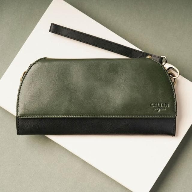 【CALTAN】CALTAN DESIGN | 午夜林真皮掀蓋撞色斜背長夾 075322bk/gr (真皮 長夾 可背式 皮夾 錢包)