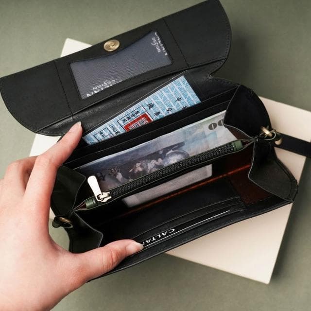 【CALTAN】CALTAN DESIGN | 午夜林真皮掀蓋撞色斜背長夾 075322bk/gr (真皮 長夾 可背式 皮夾 錢包)