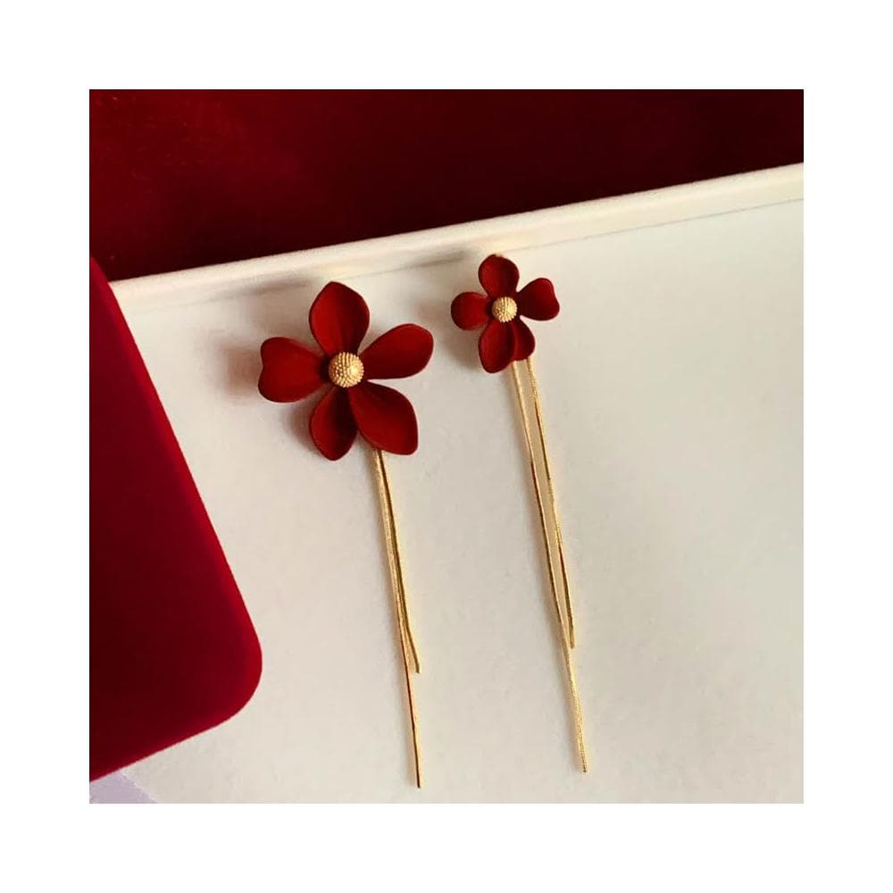 🎗飾間首飾鋪 紅色不對稱珍珠流蘇耳飾蚊香盤耳夾女無耳洞新年耳環耳環