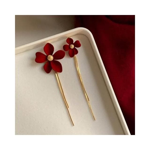 🎗飾間首飾鋪 紅色不對稱珍珠流蘇耳飾蚊香盤耳夾女無耳洞新年耳環耳環