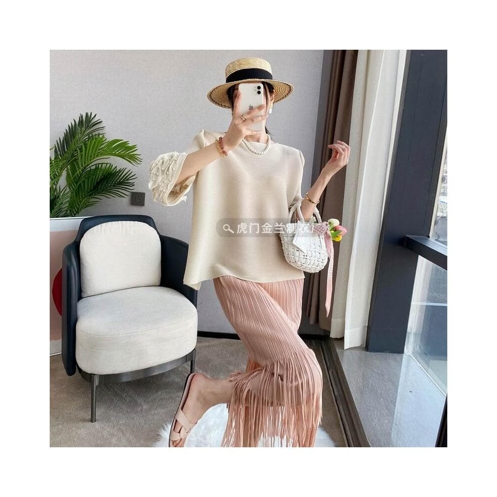 三宅千影褶皺T恤釘珠喇叭袖純色通勤寬松上衣中年媽媽母親節禮物