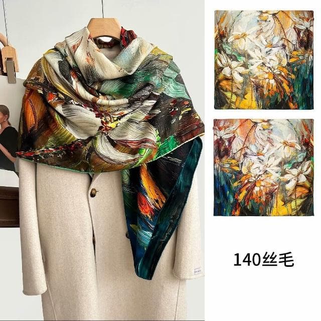 好夢想精品館  雙面異色真絲羊毛140絲巾重工高級感絲毛大披肩秋冬百搭保暖圍巾